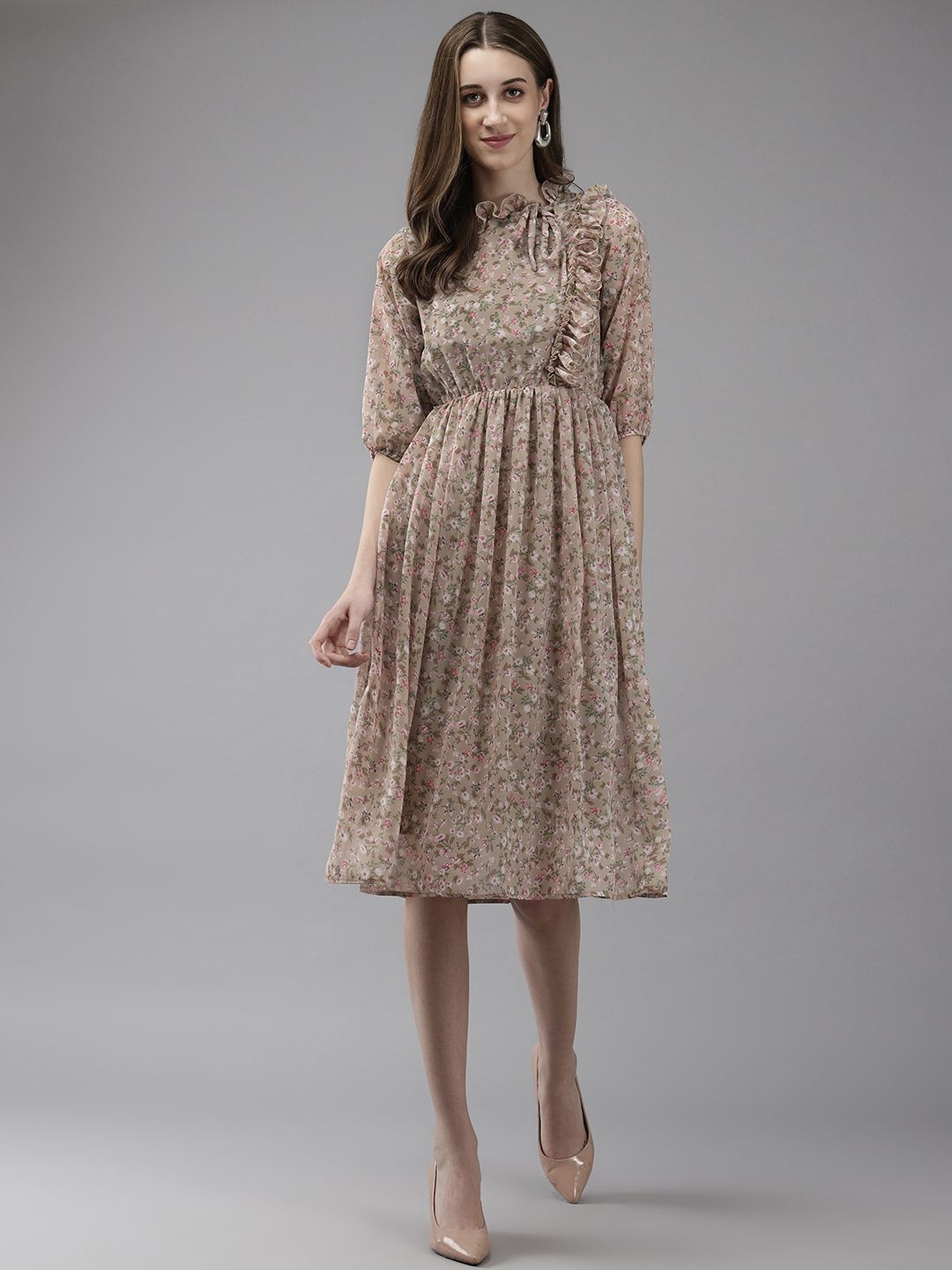 

BAESD Floral Printed Tie-Up Neck Georgette Empire Ruffles Dress, Beige