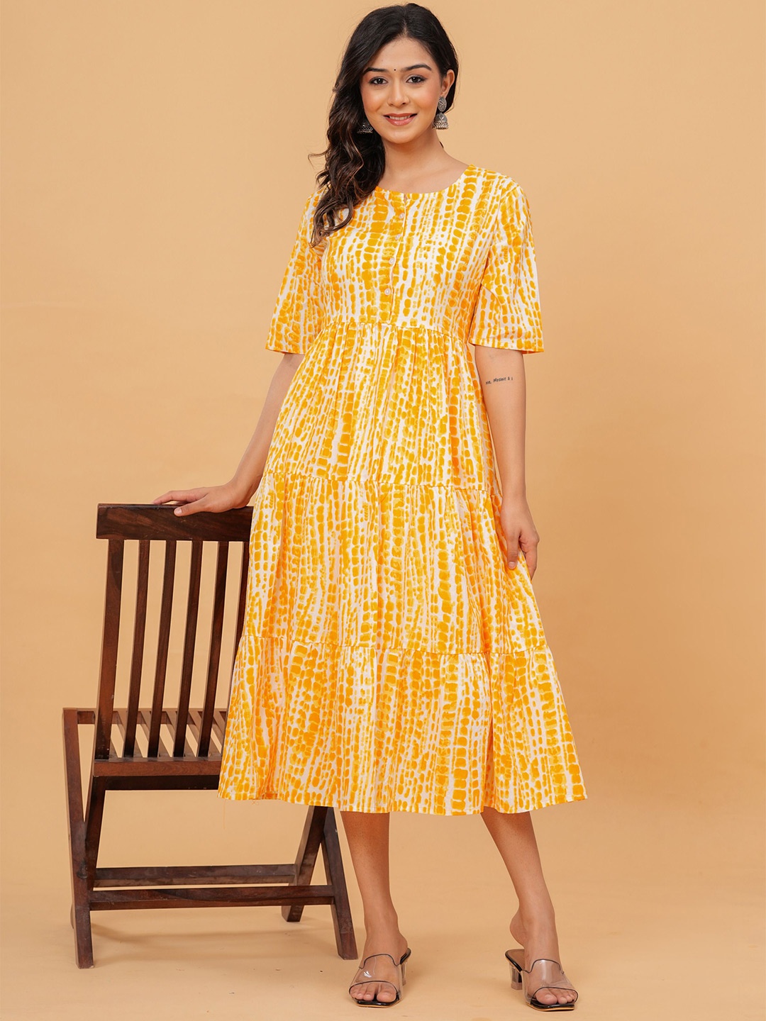 

KALINI Women Floral Print Round Neck A-Line Midi Dress, Mustard