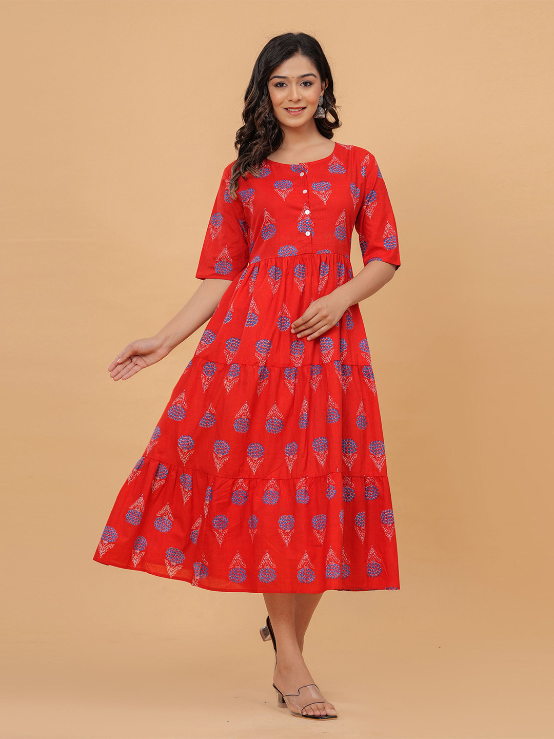 

KALINI Ethnic Motifs Printed A-Line Midi Dress, Red