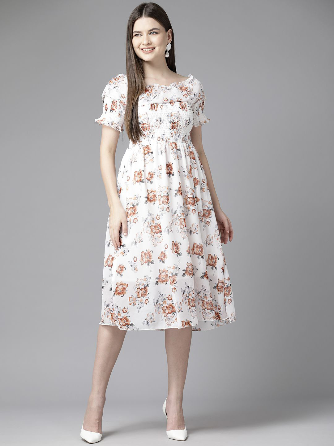 

BAESD Floral Print Georgette Fit and Flare Dress, White