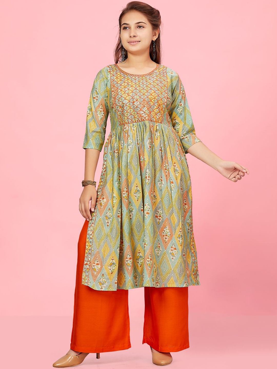 

BAESD Girls Geometric Printed Thread Work Cotton Anarkali Kurta, Orange