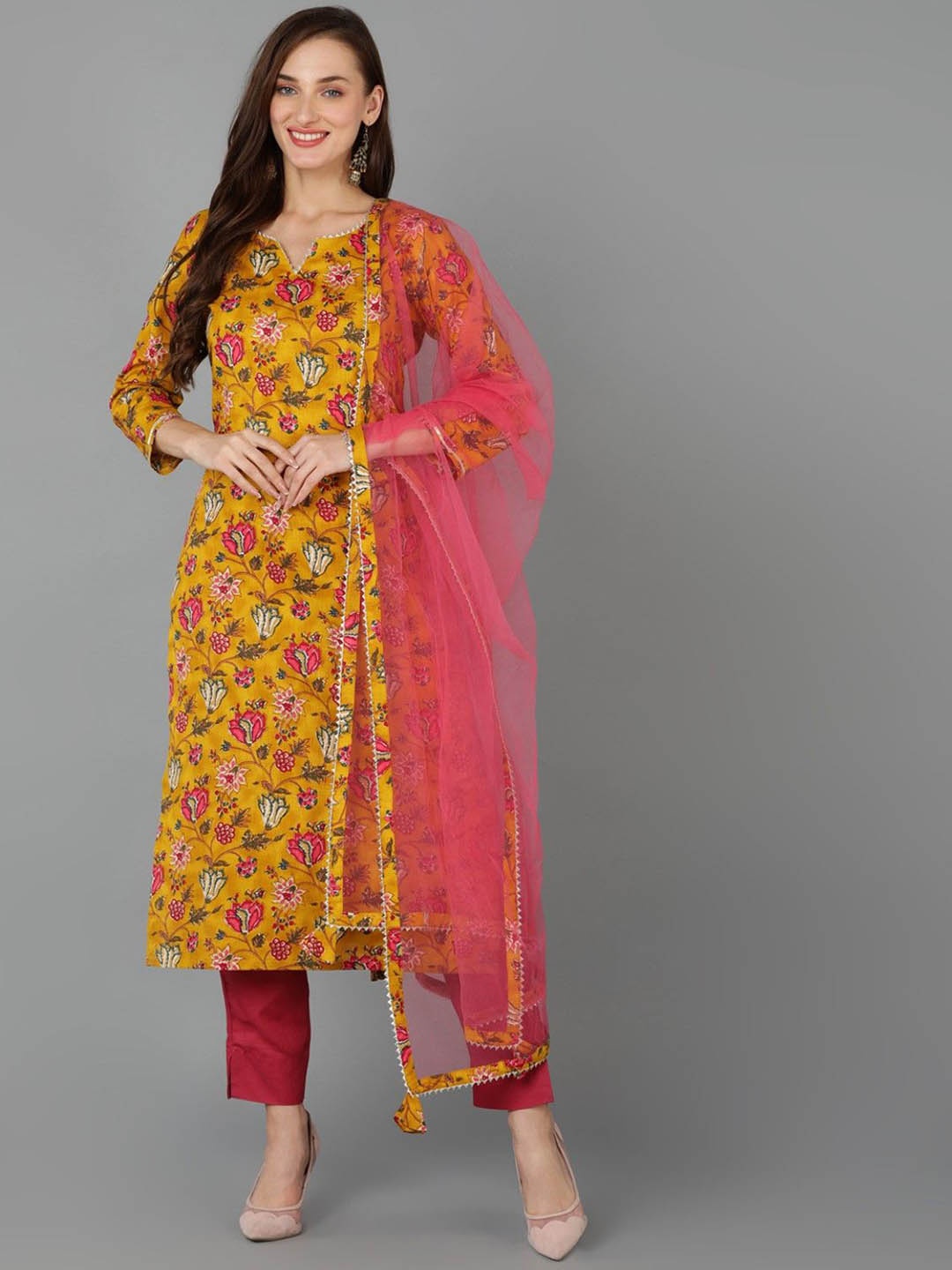 

Anouk Mustard Yellow Floral Printed Gotta Patti Straight Kurta with Trousers & Dupatta