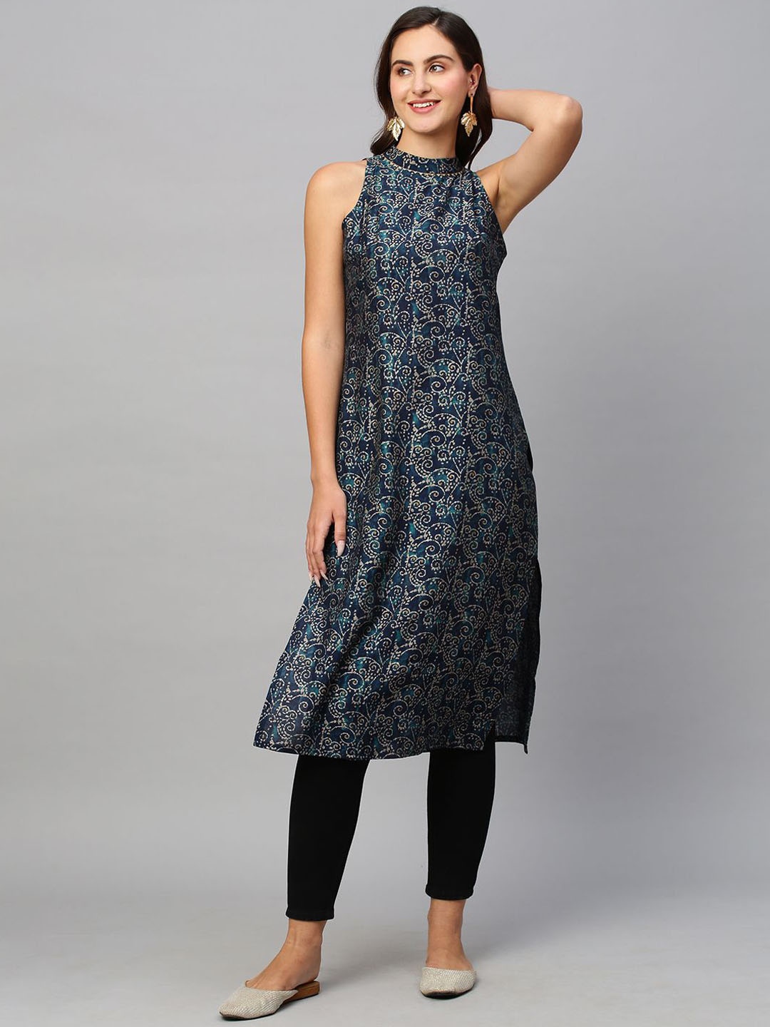 

Sangria Teal Blue Ethnic Motifs Printed Chanderi Silk Straight Kurta