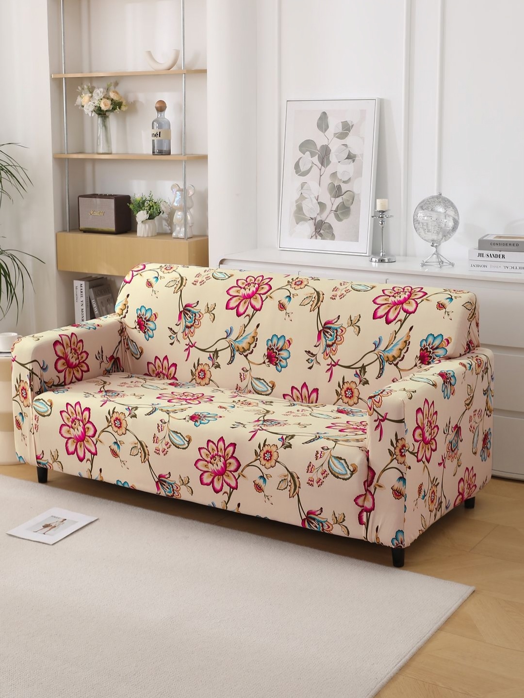 

HOKIPO Beige & Pink Printed 140 GSM Stretchable 2 Seater Sofa Cover With Arms