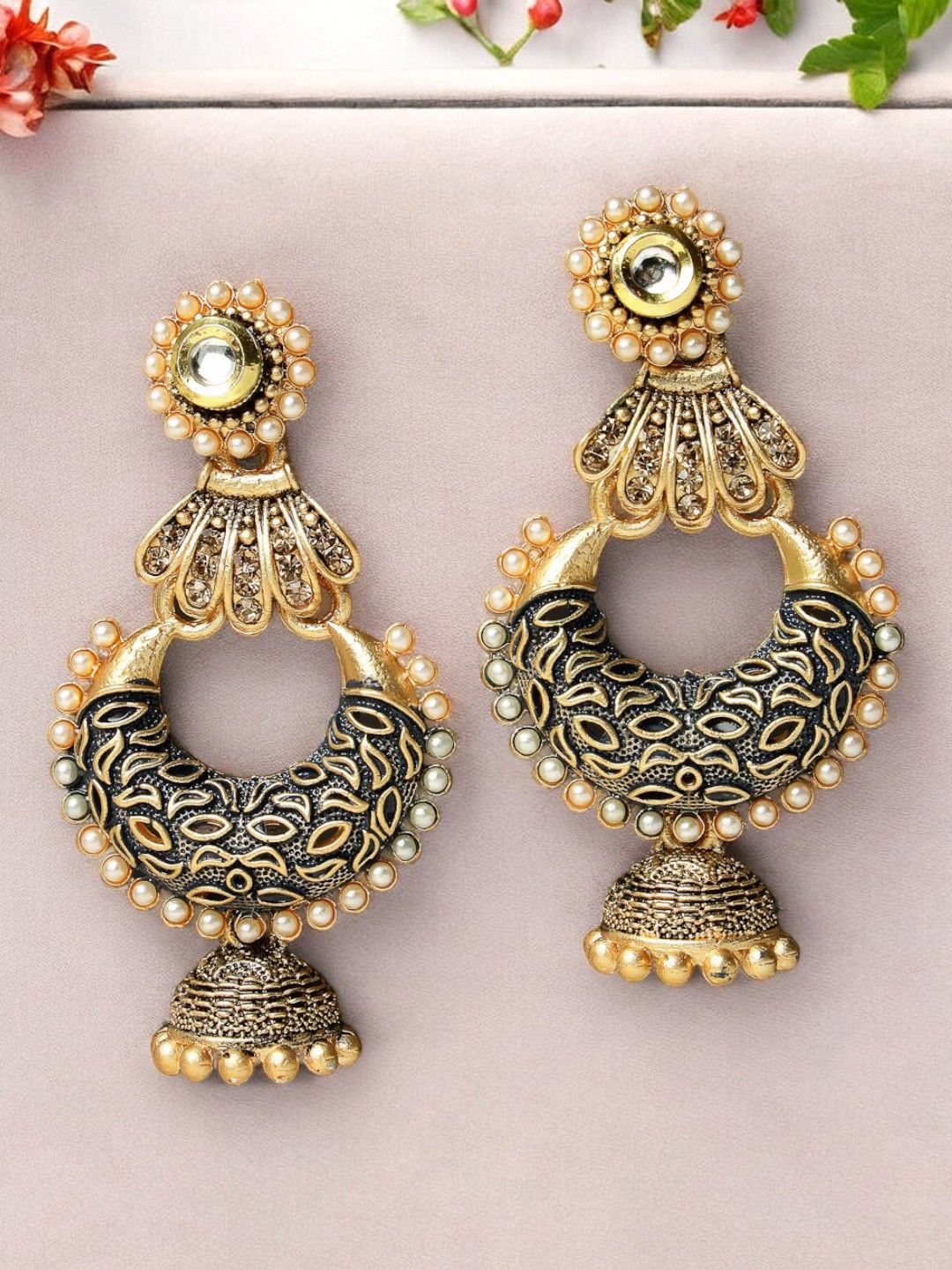 

ADIVA Gold-Plated Kundan Studded & Pearls Beaded Crescent Shaped Drop Earrings