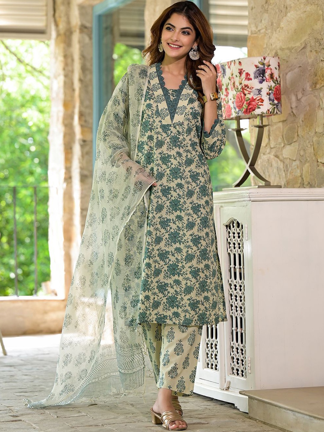 

Divena Floral Printed Pure Cotton Straight Kurta With Trousers & Dupatta, Green