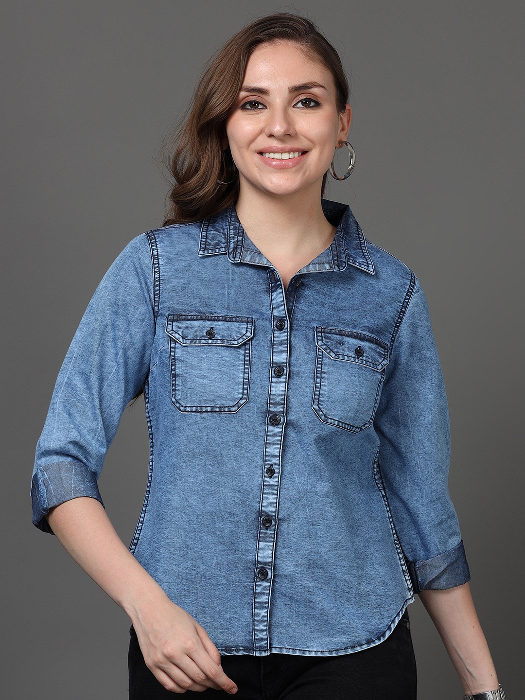 

CAZZBA Women Spread Collar Faded Denim Casual Shirt, Blue