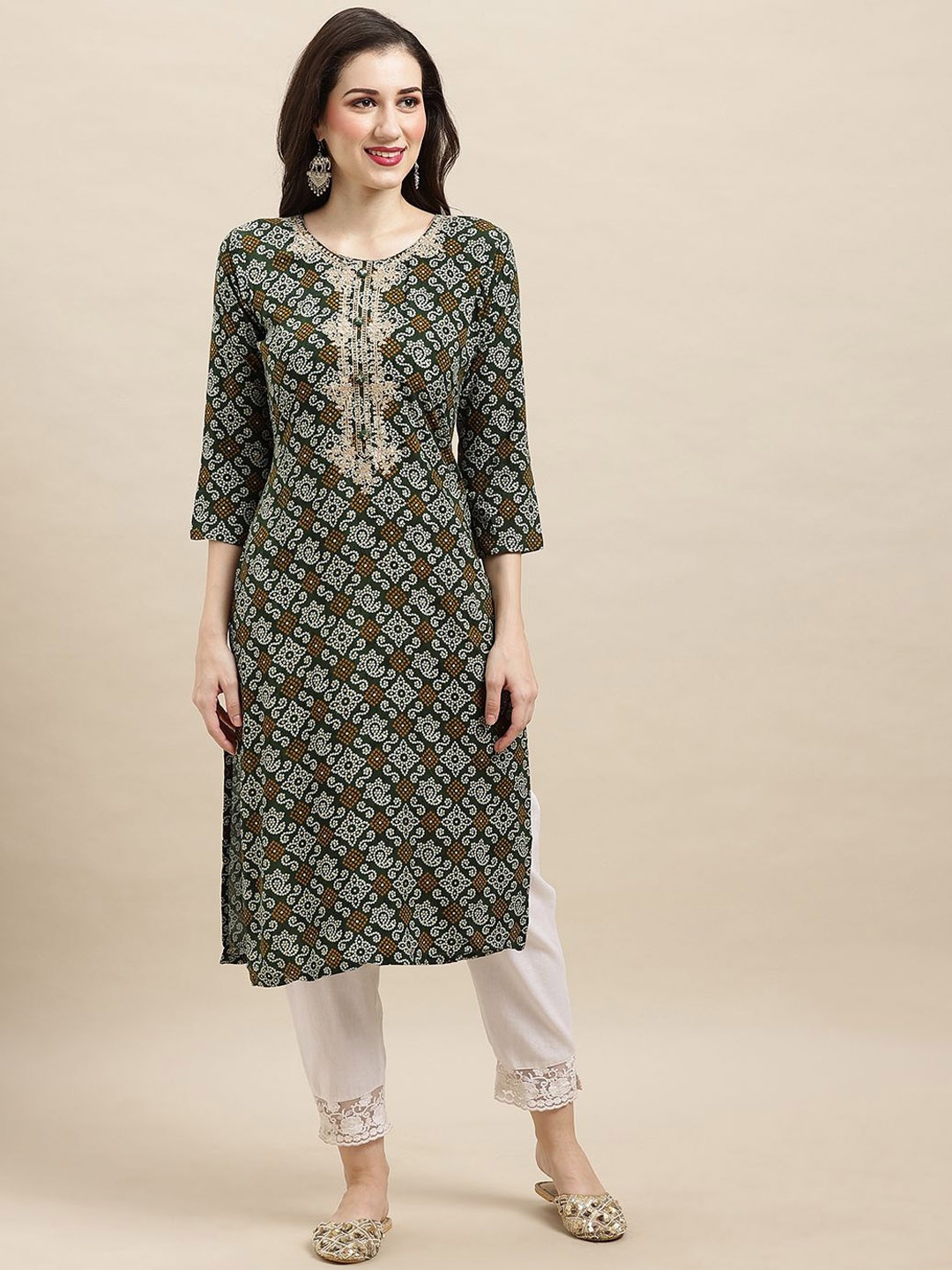 

Sangria Green Bandhani Printed Zari Straight Kurta