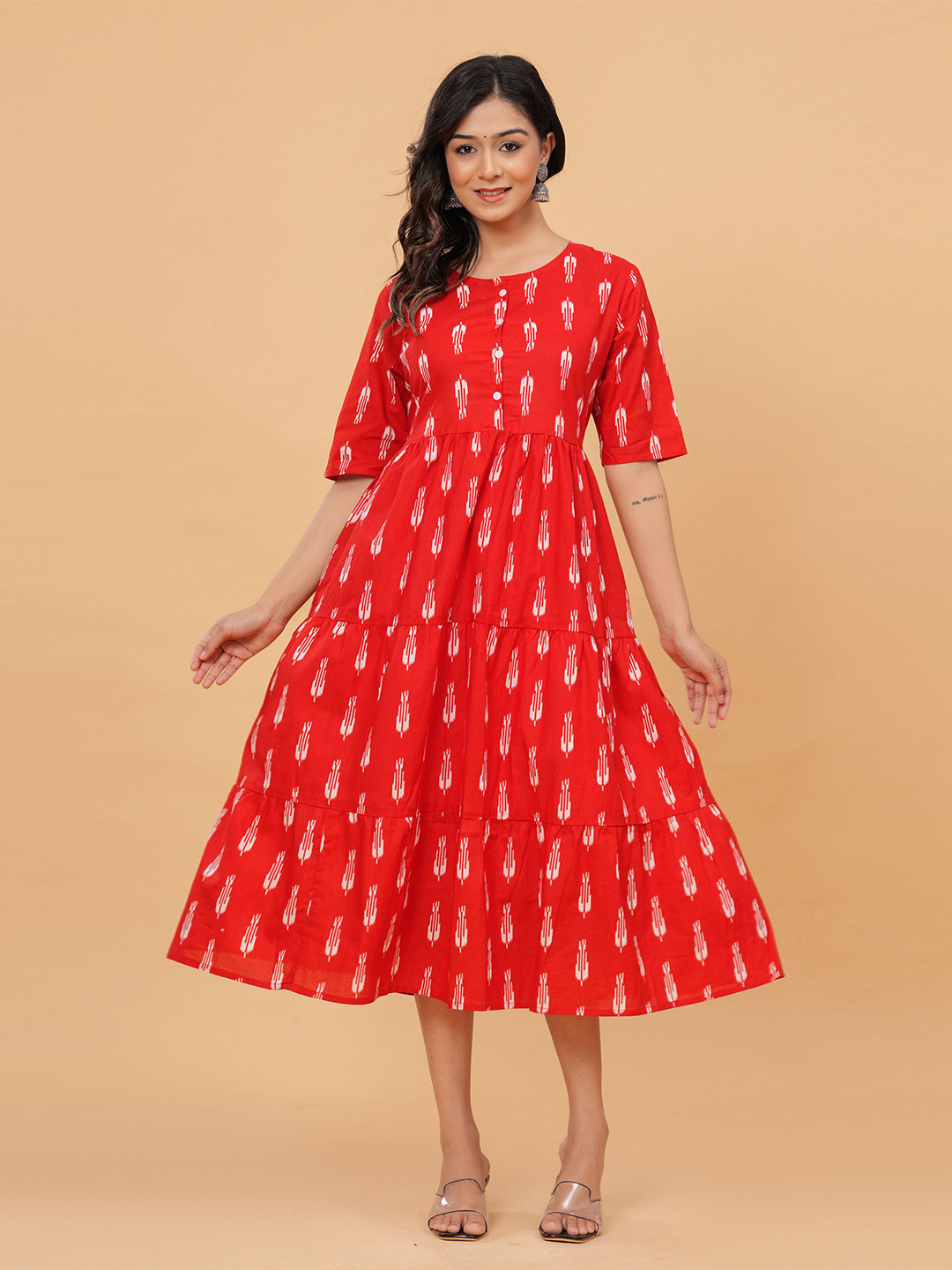 

KALINI Printed Round Neck Short Sleeves Cotton A-Line Midi Dress, Red