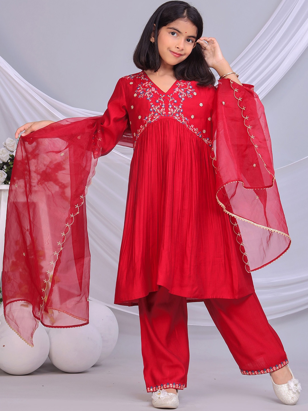 

misbis Girls Floral Embroidered Sequinned A-Line Kurta With Palazzos & Dupatta, Red