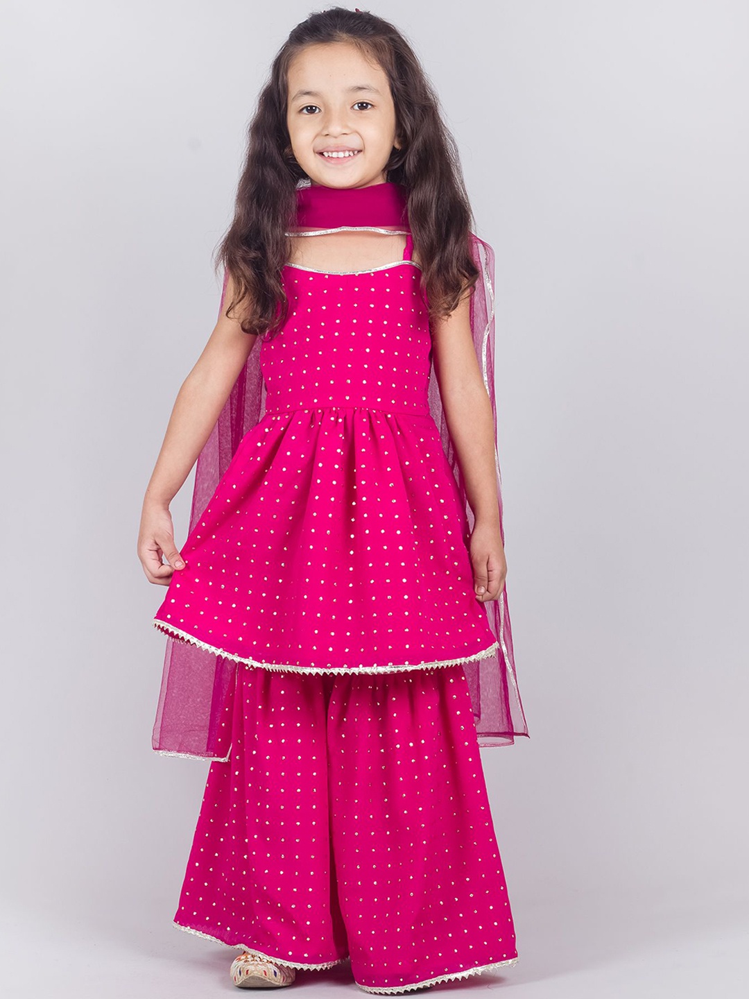 

Tangerine Closet Girls Embroidered Tiered Sequinned Anarkali Kurti & Sharara With Dupatta, Magenta
