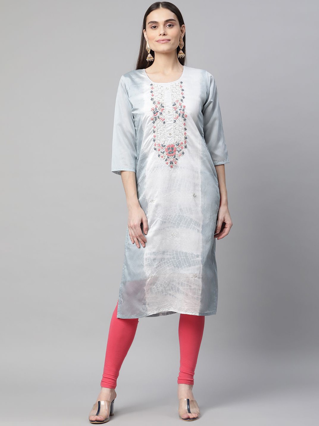 

BAESD Floral Embroidered Beads & Stones Cotton Straight Kurta, Grey