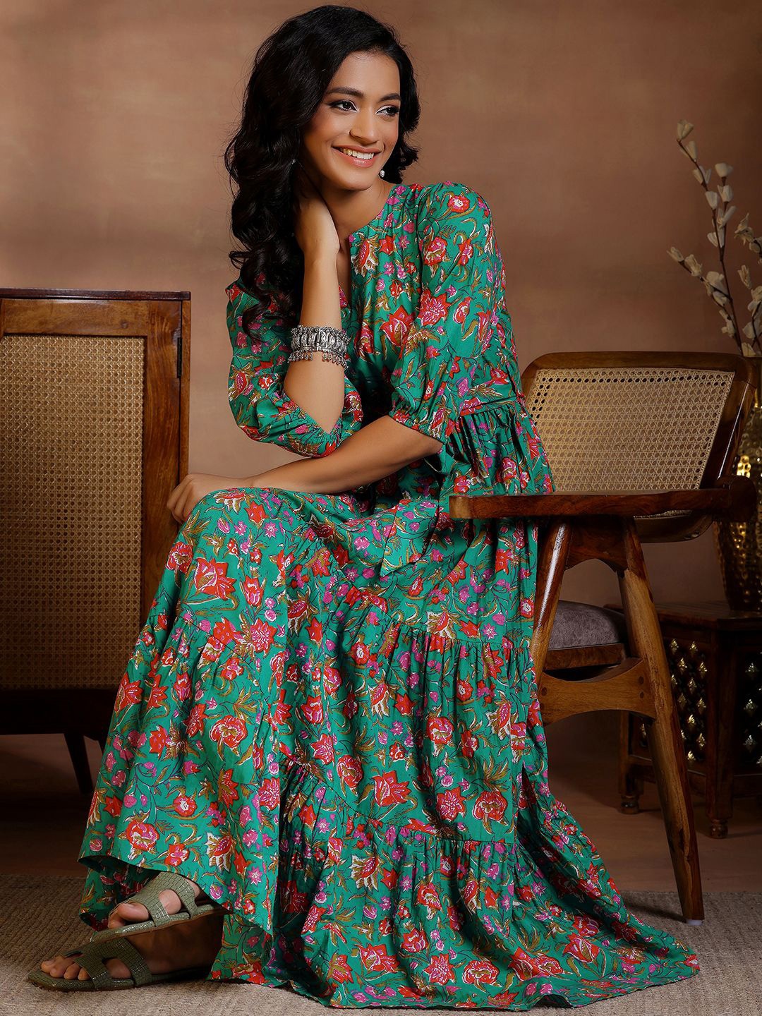 

Libas Floral Printed Cotton Puff Sleeves Fit and Flare Maxi Dress, Green