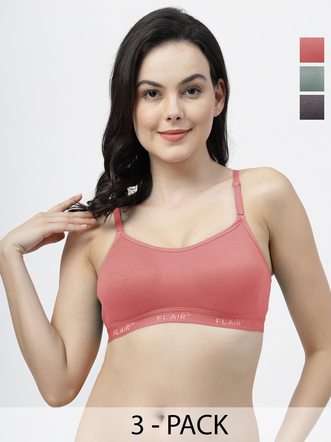 

SHYAM SONS FLAIR Solid Pack of 3 Non Padded Cotton Full Coverage Bra, Green