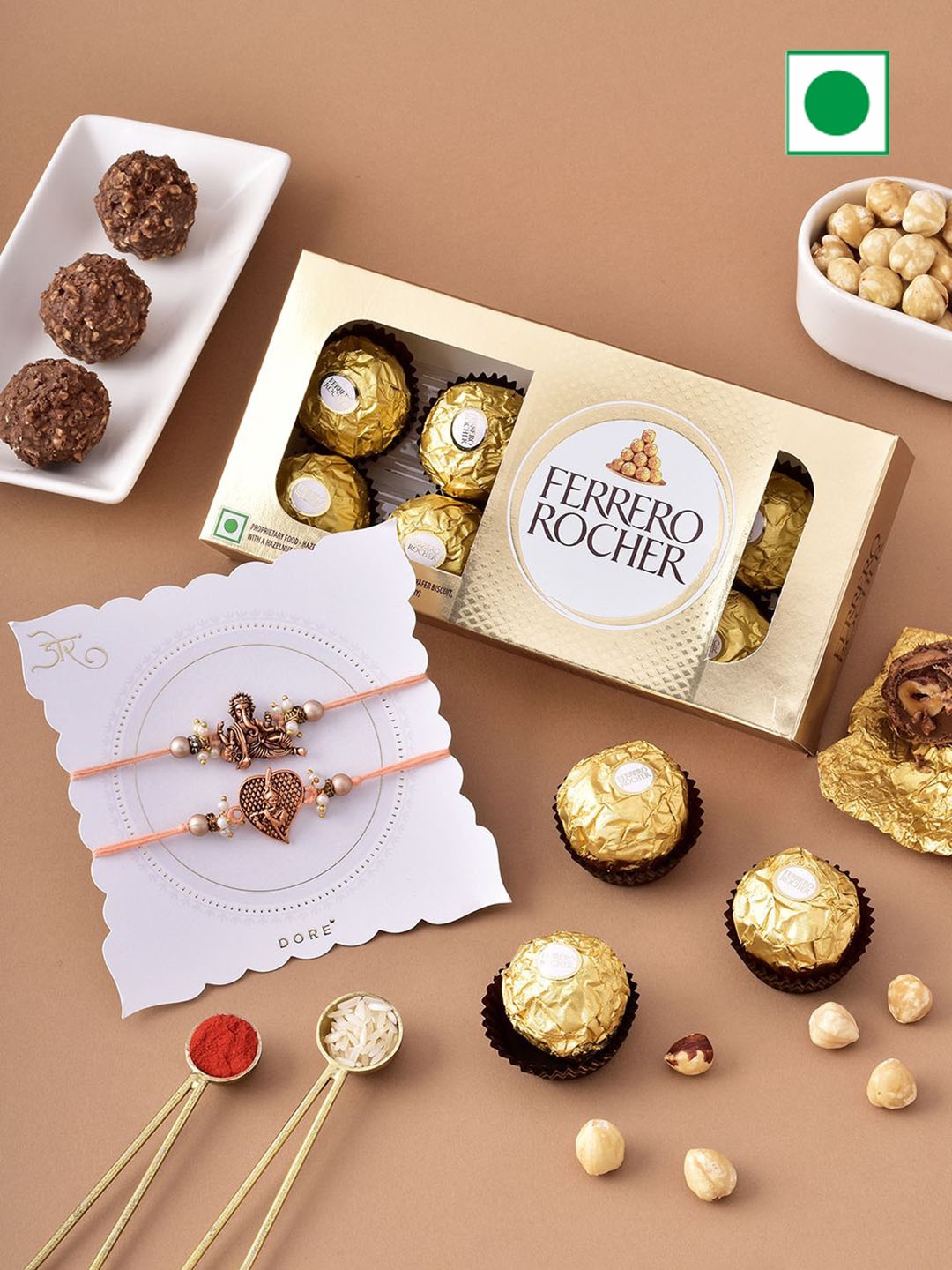

Hyperfoods 10 Pieces Rakhi With Ferrero Rocher Chocolate Gifts, Gold