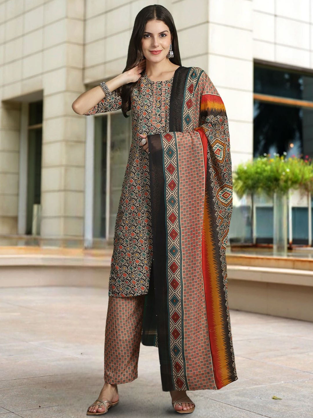 

7Threads Floral Printed Pure Cotton Kurta with Trousers & Dupatta, Beige