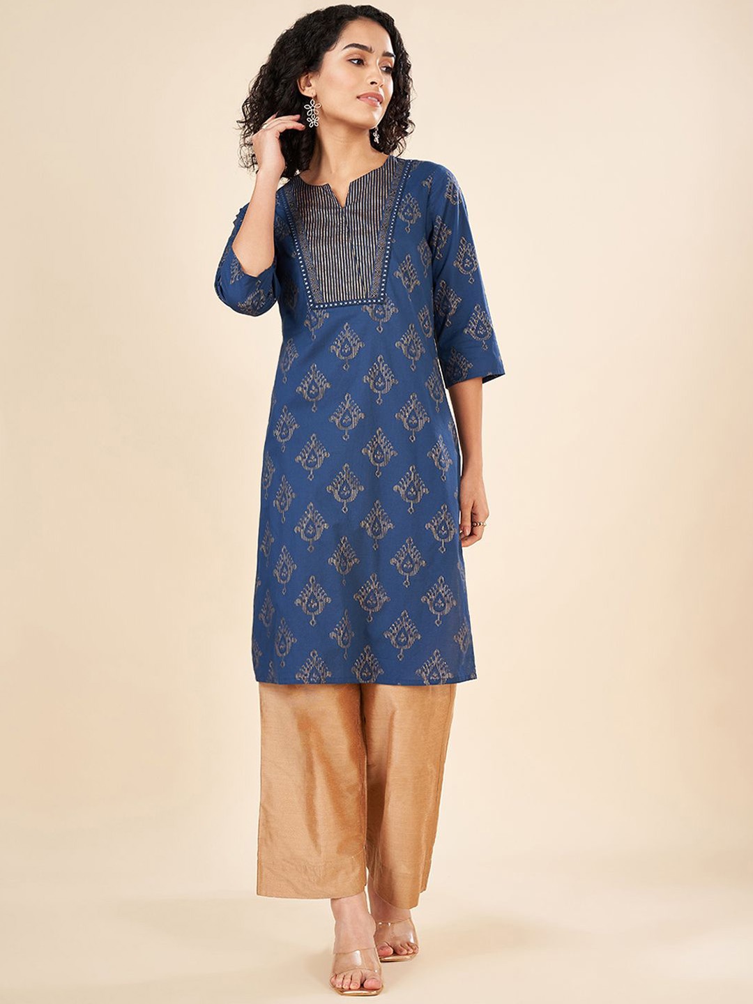 

RANGMANCH BY PANTALOONS Ethnic Motifs Woven Design Pure Cotton Straight Kurta, Teal