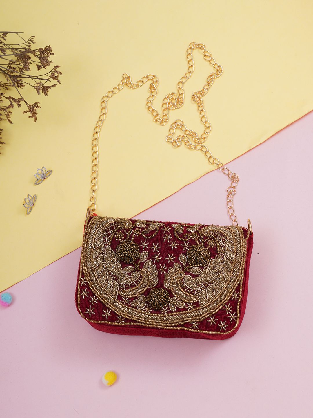 

FABBHUE Embroidered Box Clutch, Maroon