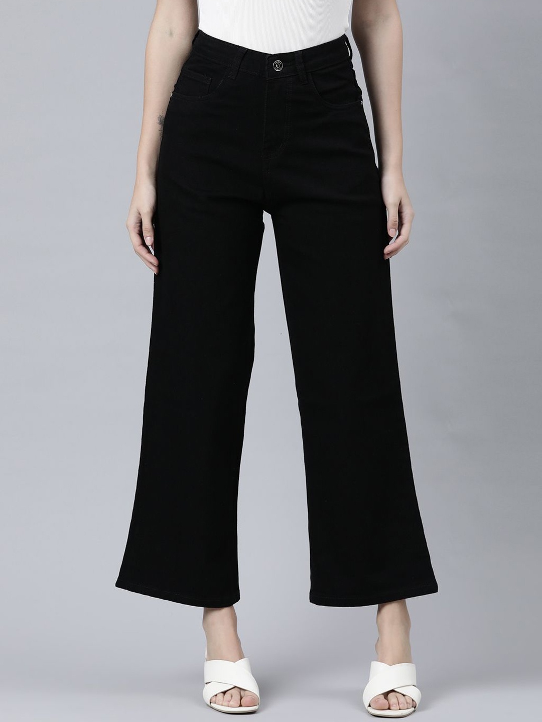 

ZHEIA Women Wide Leg High-Rise Stretchable Jeans, Black