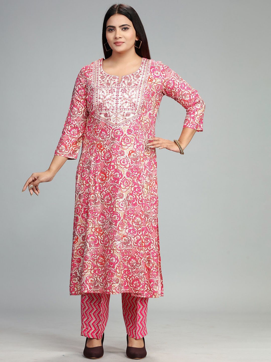 

COTTON CULTURE Floral Printed Thread Work Notched Round Neck Regular Kurta with Trousers, Pink