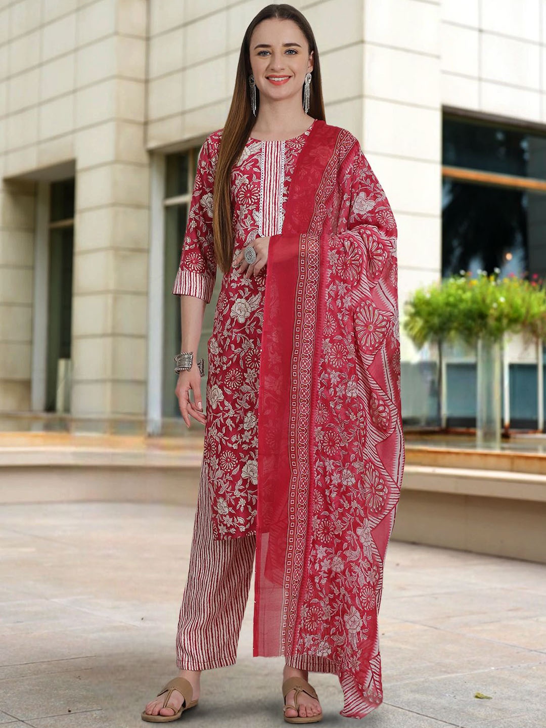 

7Threads Floral Printed Pure Cotton Kurta with Trousers & Dupatta, Pink