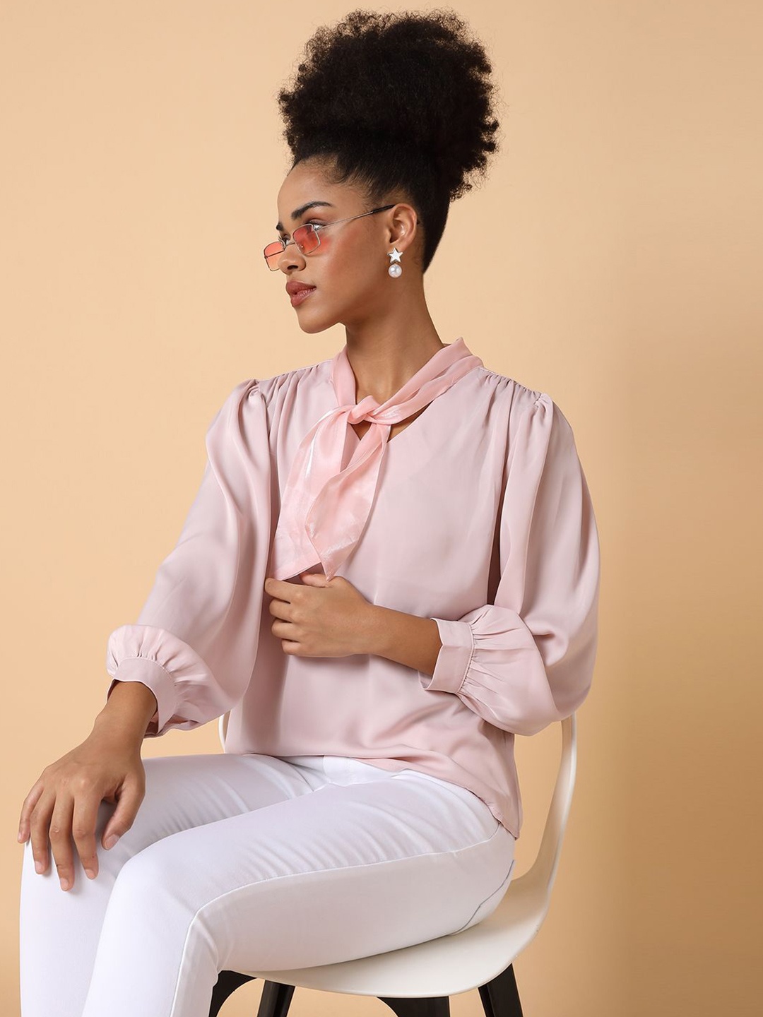 

SHOWOFF Tie-Up Neck Satin Top, Peach