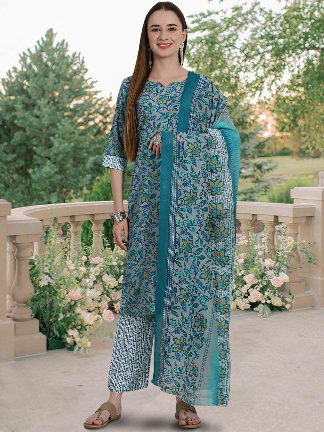 

7Threads Floral Printed Regular Pure Cotton Straight Kurta With Trousers & Dupatta, Grey melange