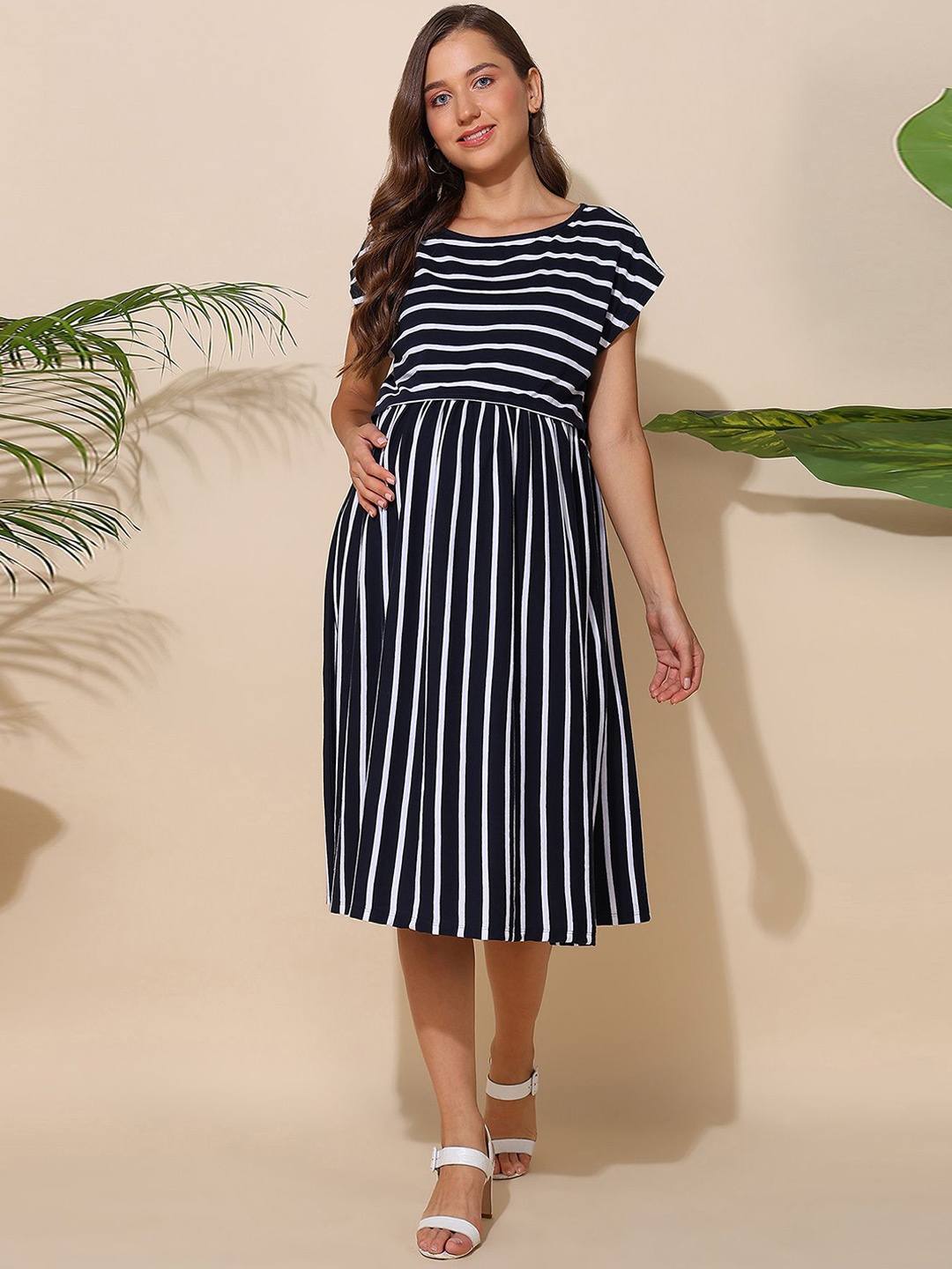 

House Of Zelena Cotton Striped Maternity Fit & Flare Midi Dress, Black