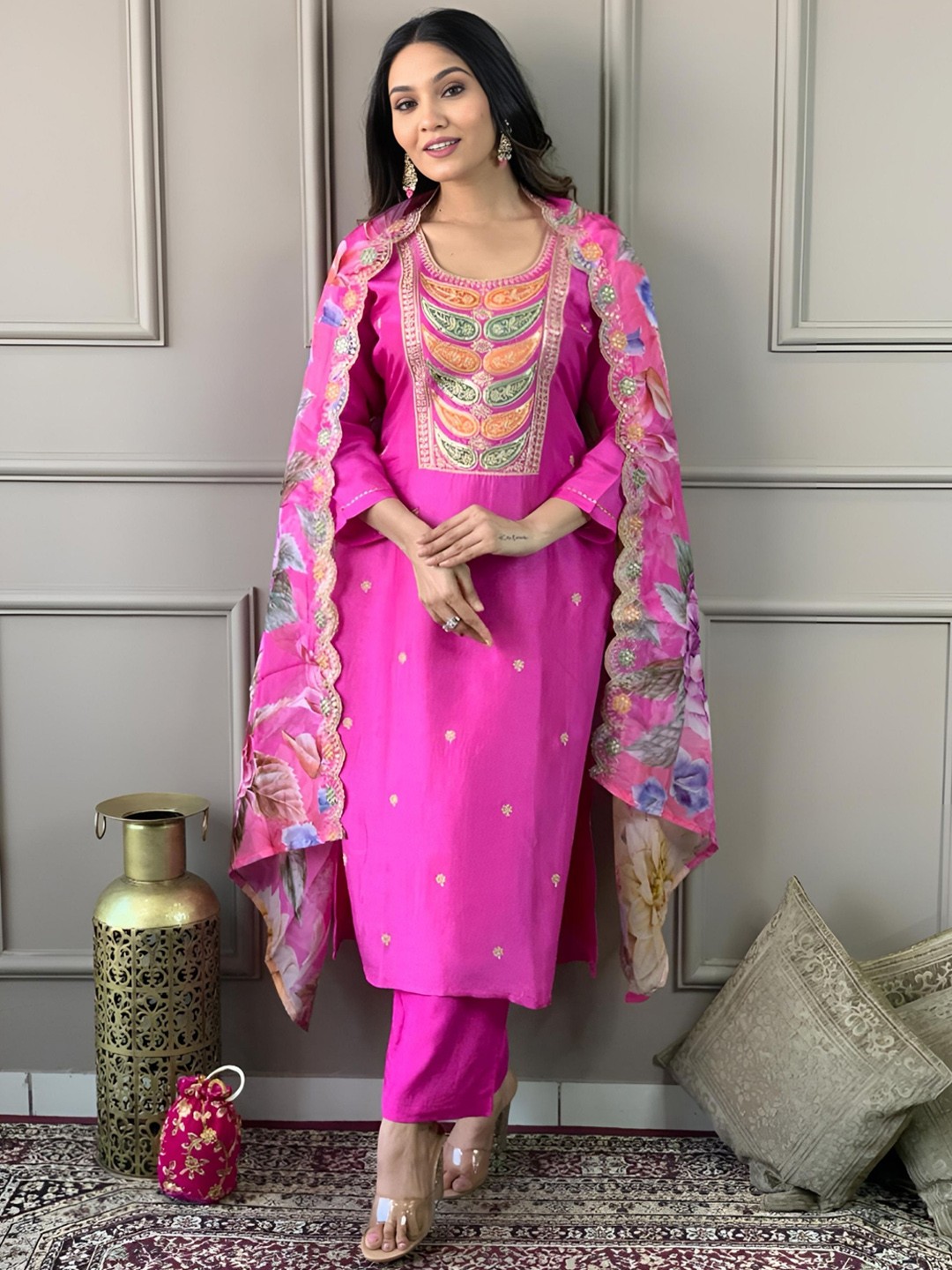 

NIZA FASHION Paisley Embroidered Sequinned Chanderi Silk Kurta with Trousers & Dupatta, Pink