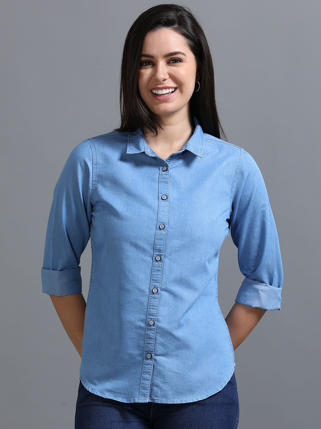 

CAZZBA Women Spread Collar Solid Denim Casual Shirt, Blue