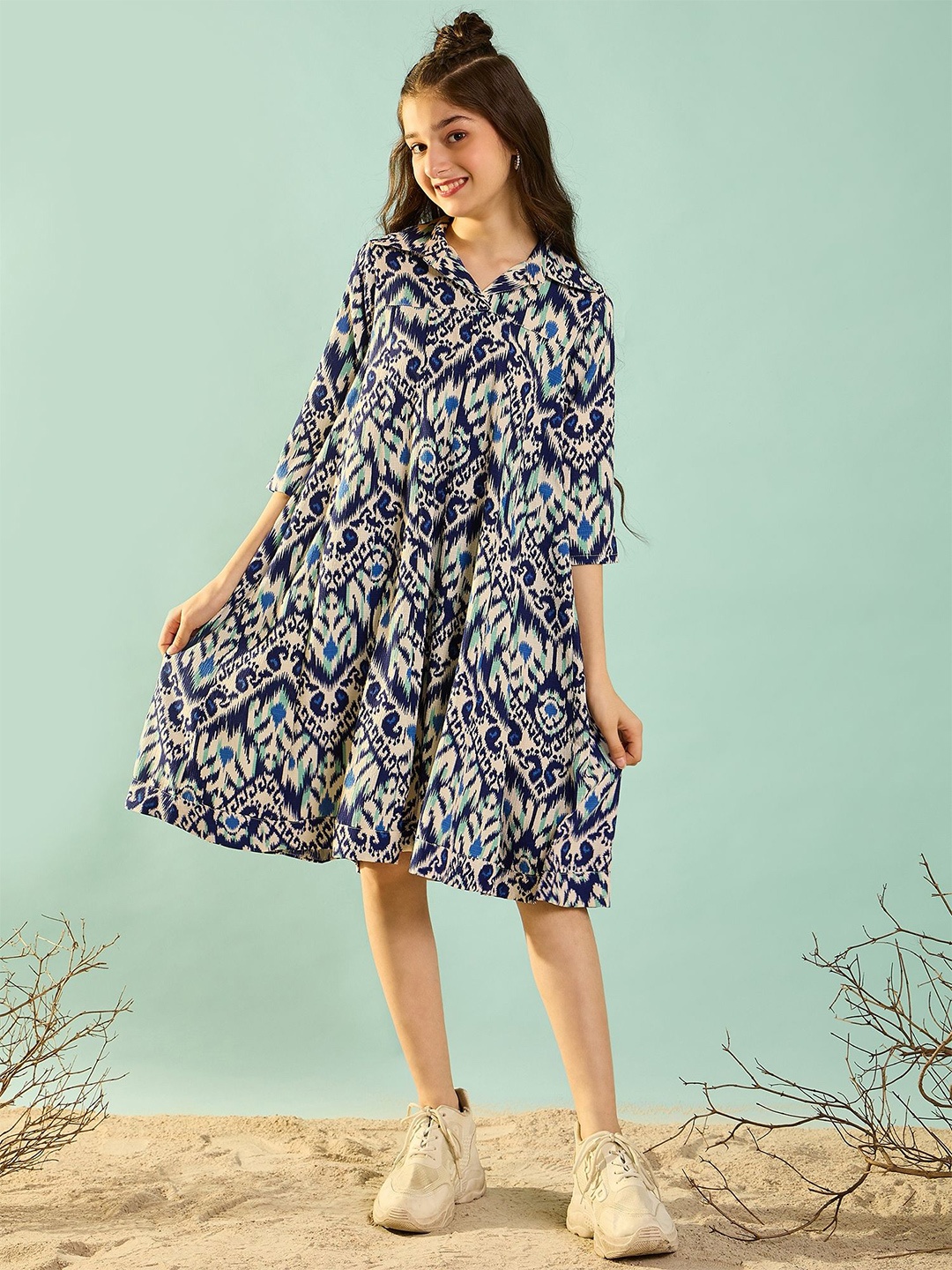 

Cherry & Jerry Girls Ikat Print Shirt Collar A-Line Midi Dress, Blue