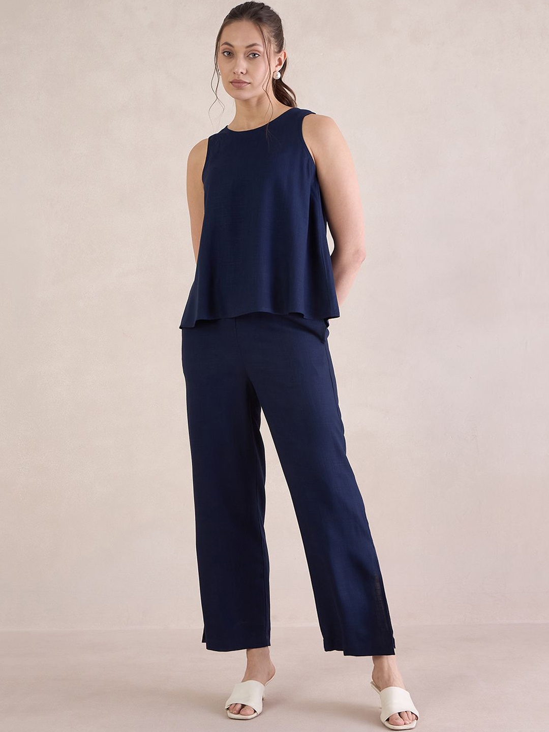 

FEMMELLA Round Neck Top With Side Cut Trouser, Navy blue