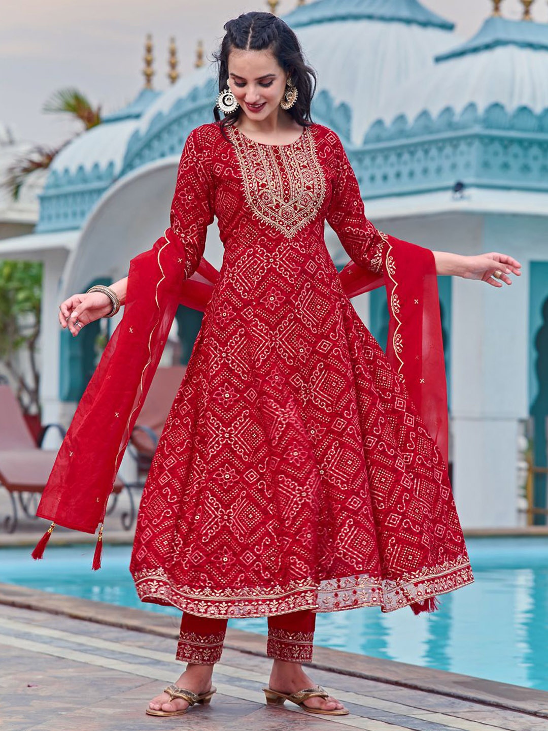 

KALINI Bandhani Printed Kurta with Trousers & Dupatta, Red