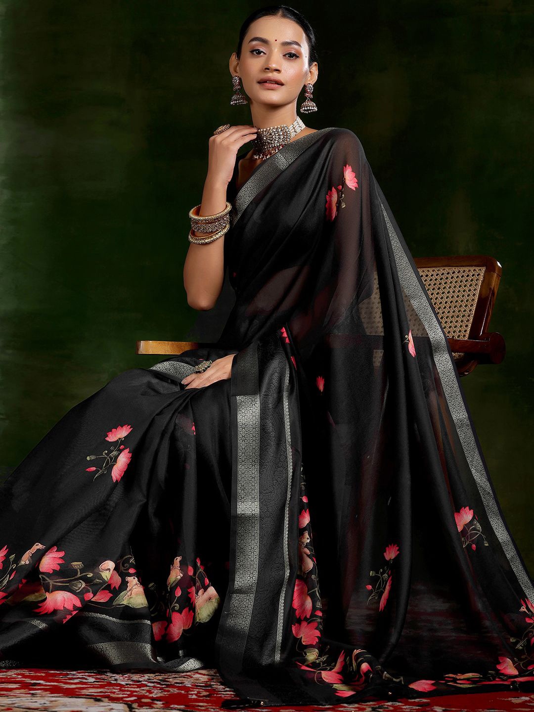 

Libas Floral Printed Zari Saree With Tassels, Black