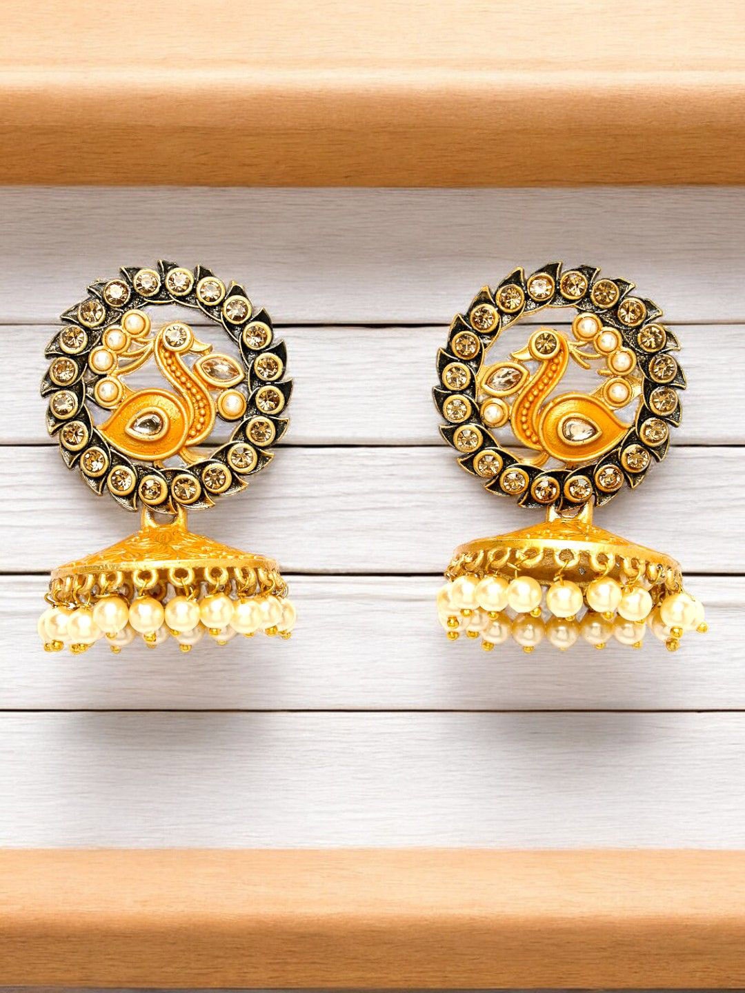 

ADIVA Gold-Plated Kundan Studded & Beaded Peacock Shaped Jhumkas