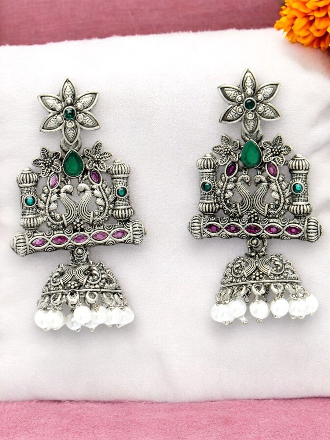 

ADIVA Silver-Plated Stone Studded & Pearl Beaded Peacock Shaped Oxidised Jhumkas