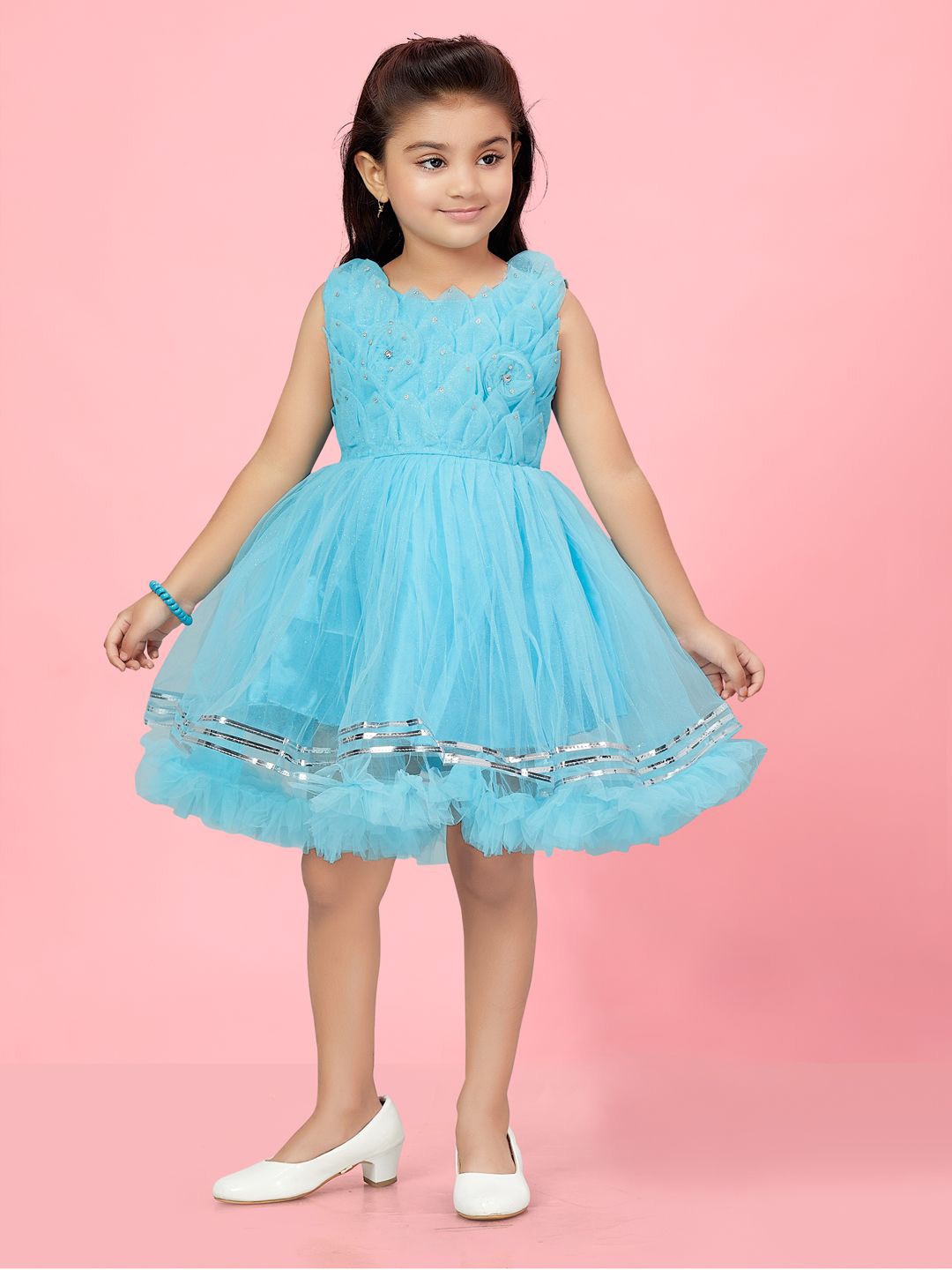 

BAESD Girls Net Fit & Flare Self Design Dress, Turquoise blue