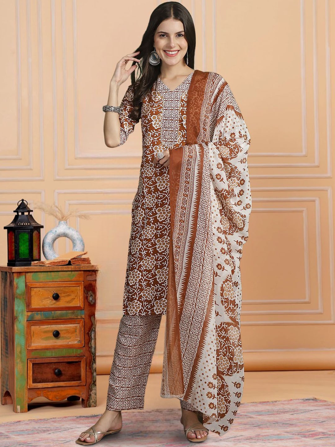 

7Threads Floral Printed V-Neck Pure Cotton Straight Kurta with Trousers & Dupatta, Rust