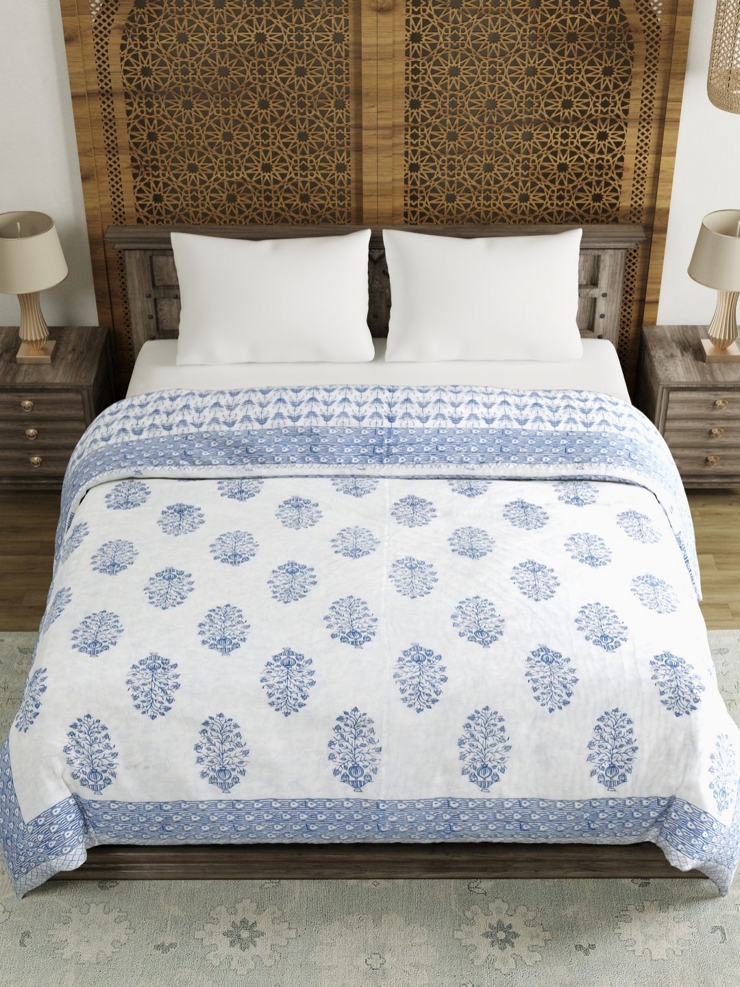 

BLOCKS OF INDIA White Printed Pure Cotton 350 GSM Mild Winter Reversible Double Bed Quilt