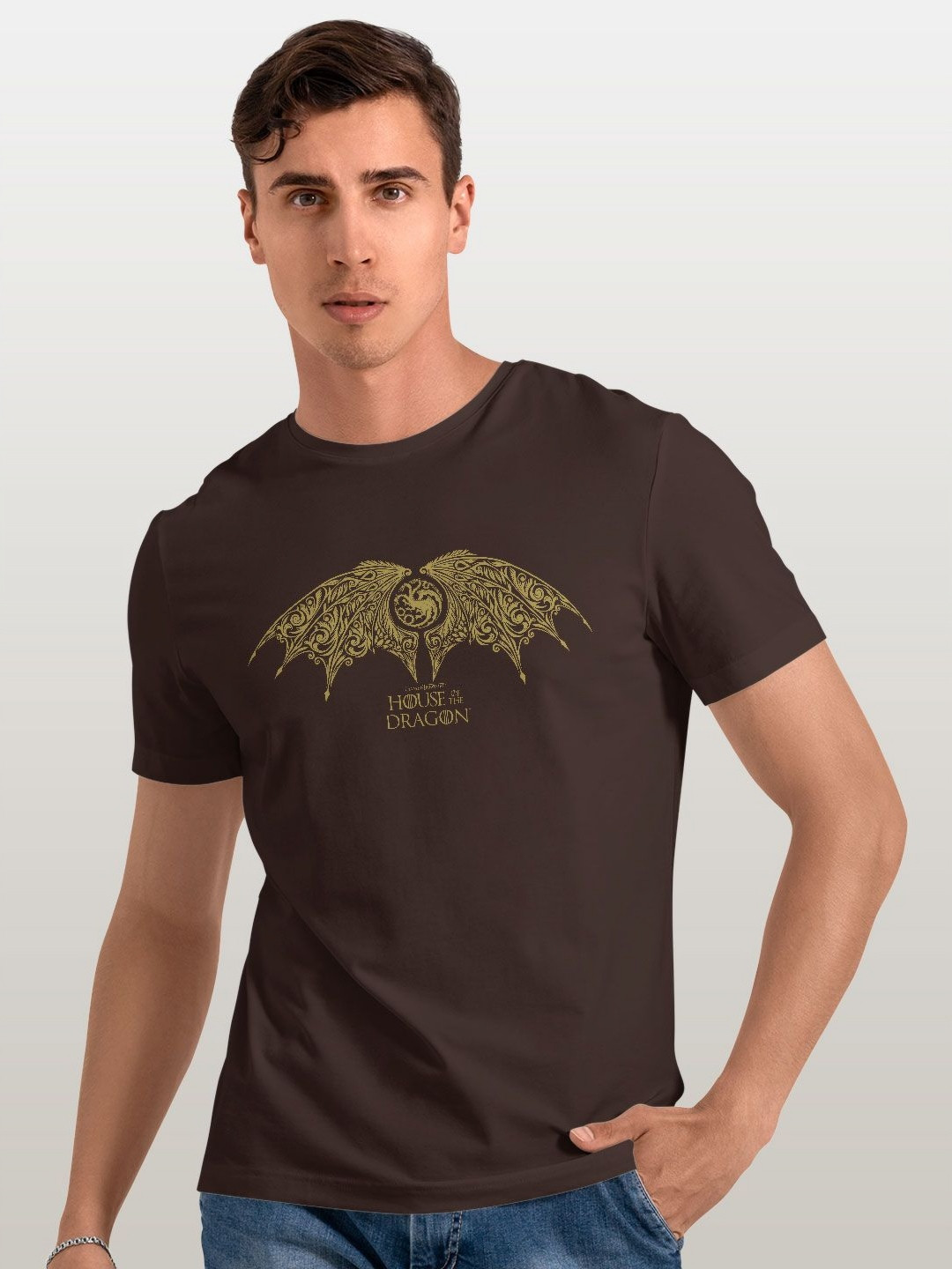 

macmerise Men Typography Printed Applique T-shirt, Brown