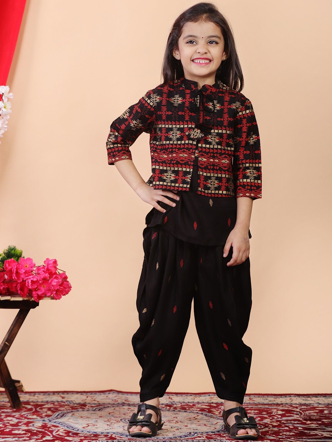 

BAESD Girls Ethnic Motifs Printed Straight Kurti with Dhoti Pants & Jacket, Black