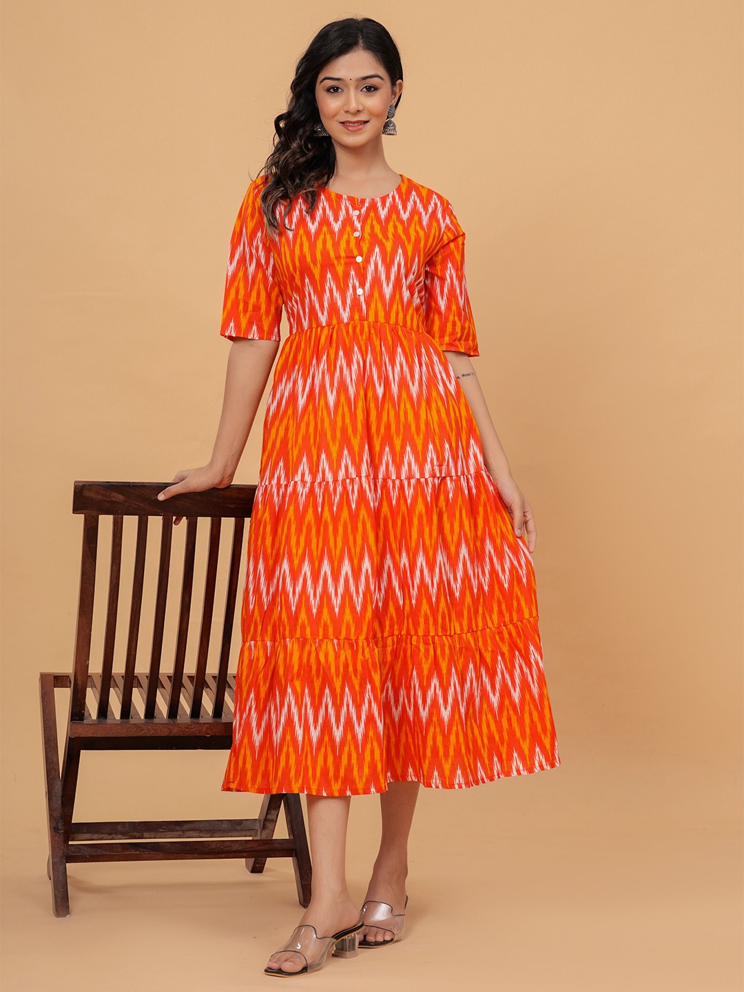 

KALINI Printed Round Neck Short Sleeves Cotton A-Line Midi Dress, Orange