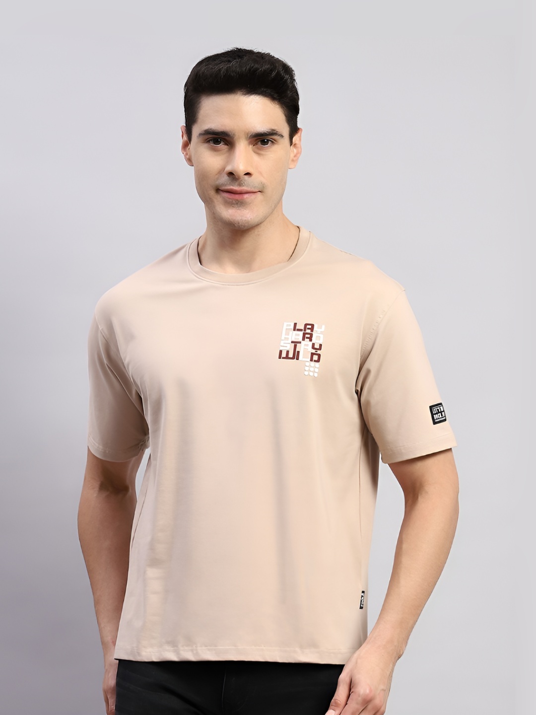 

rock.it Men Printed Round Neck Cotton T-shirt, Beige