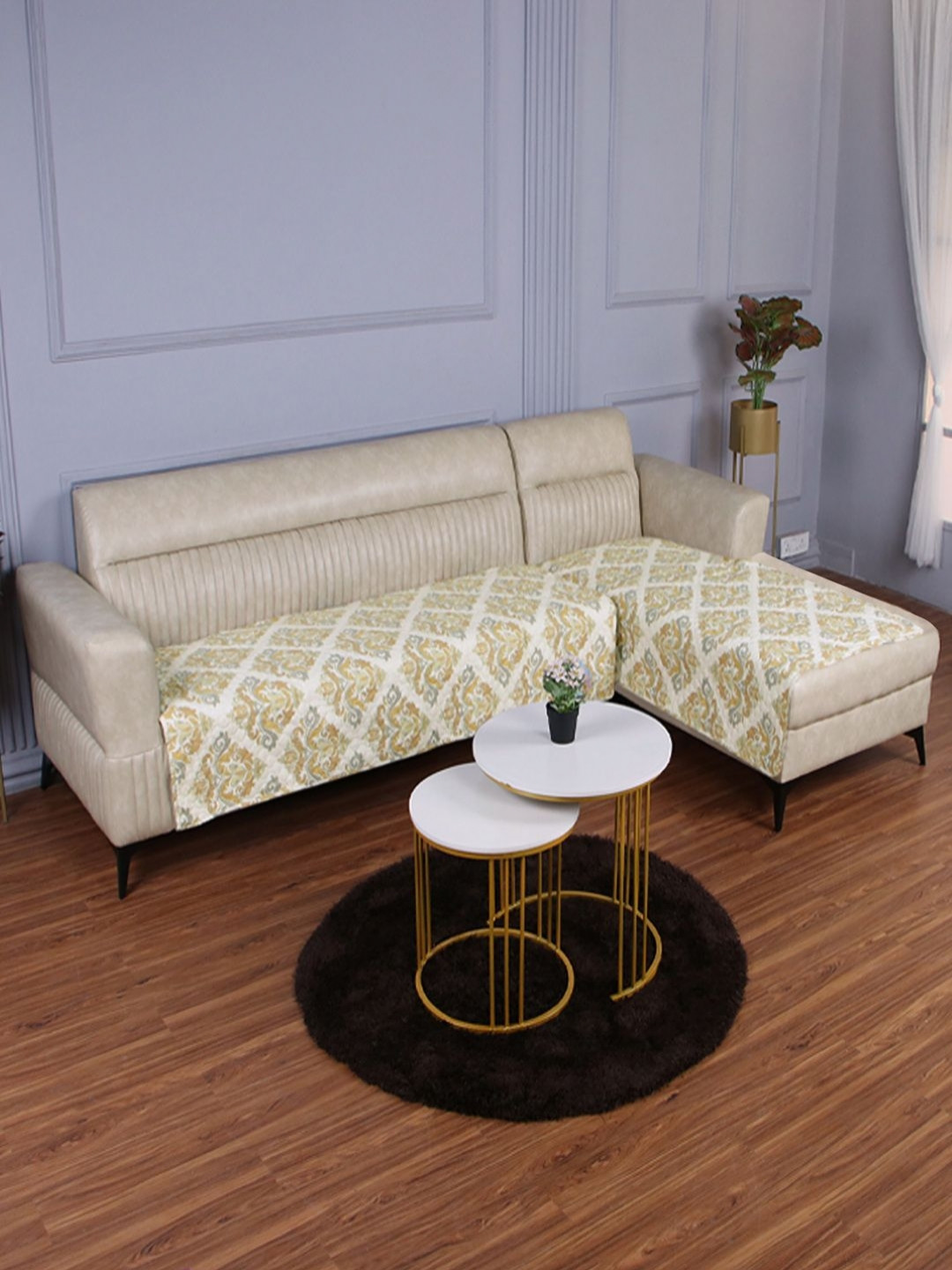 

HOKIPO Mustard Printed Quilted Sofa Cover L Shape With Arms