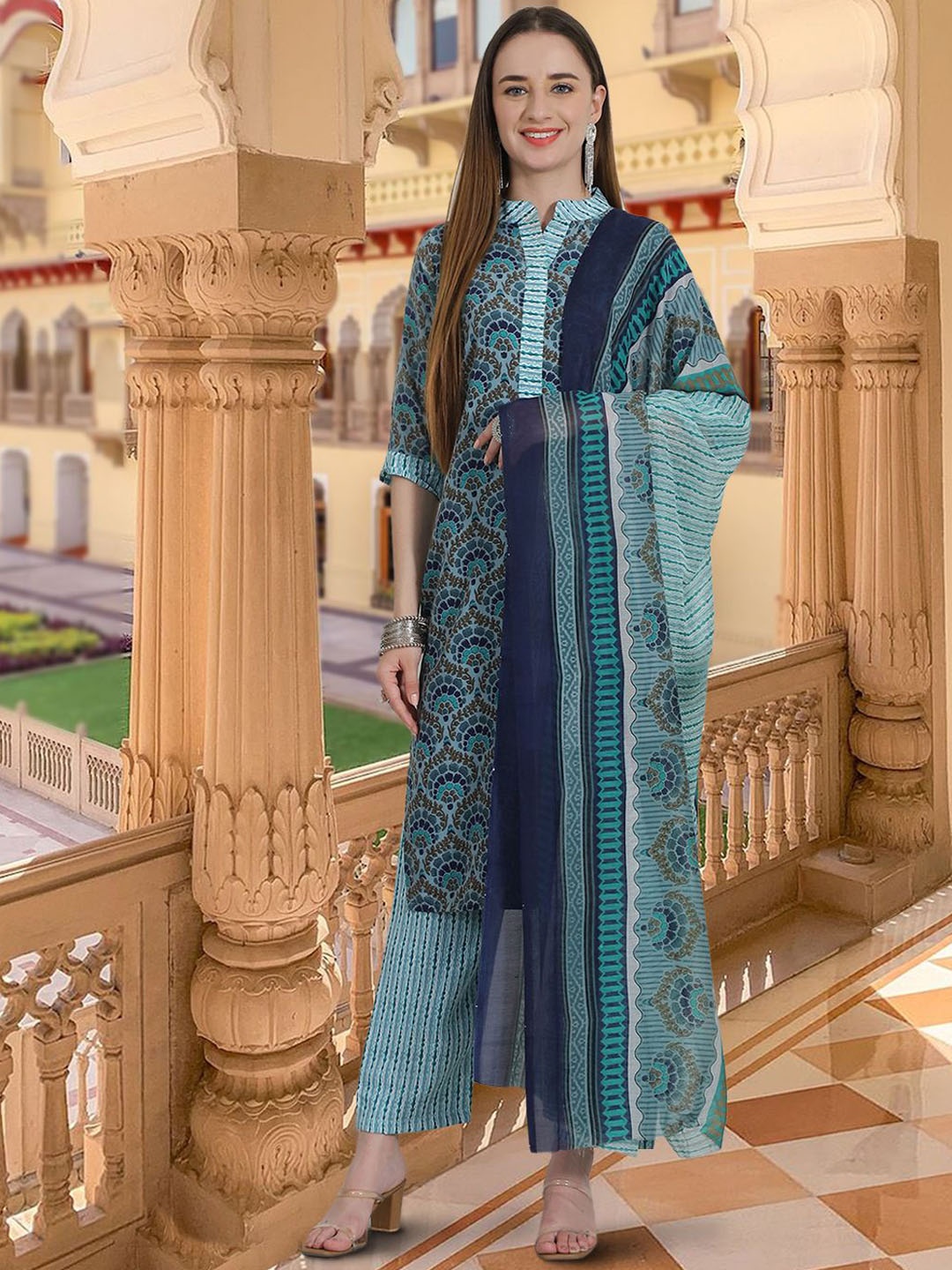 

1 Stop Fashion Ethnic Motifs Printed Pure Cotton Straight Kurta with Trousers & Dupatta, Teal
