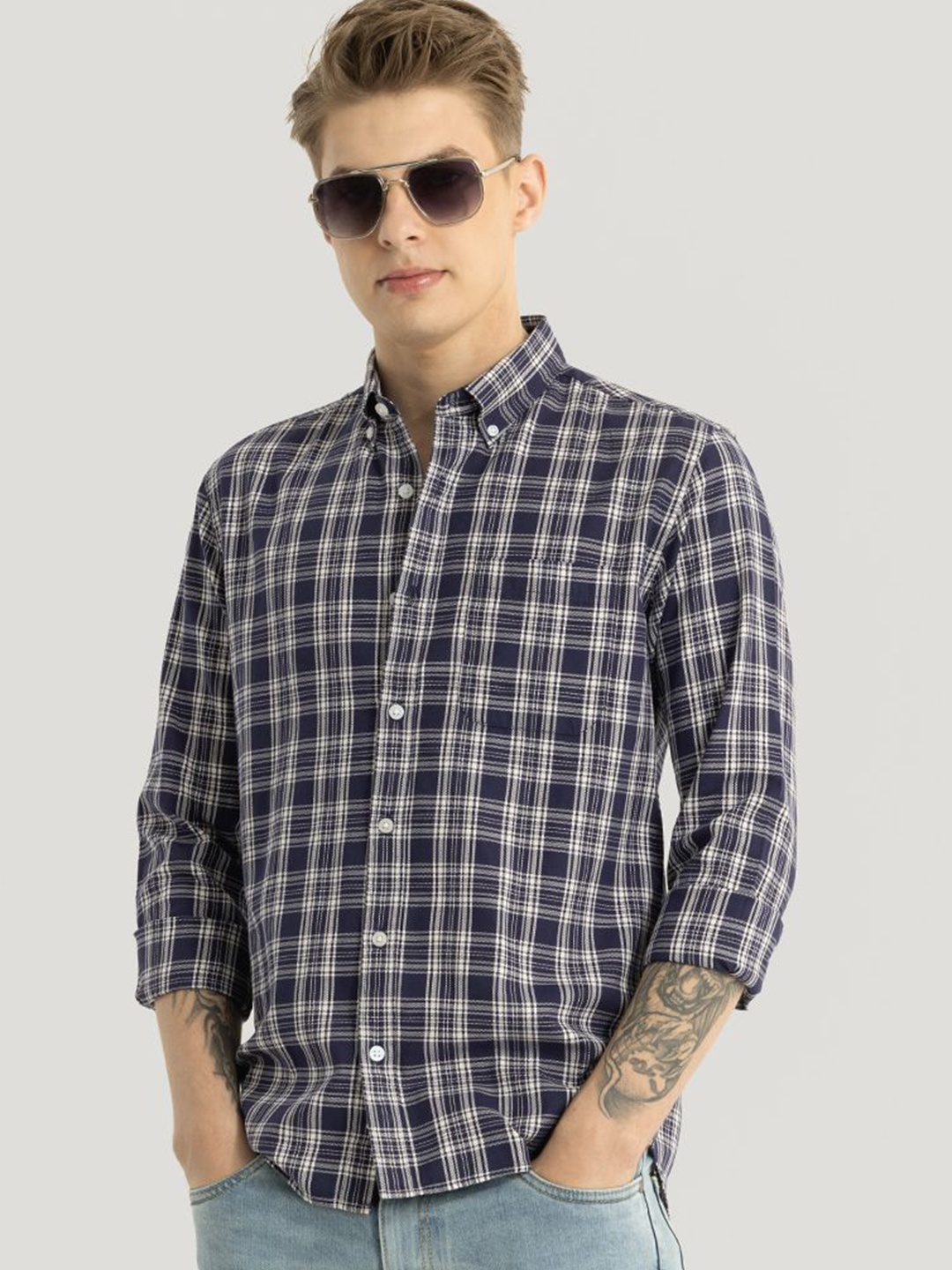

Snitch Men Smart Button-Down Collar Tartan Checked Cotton Slim Fit Casual Shirt, Navy blue