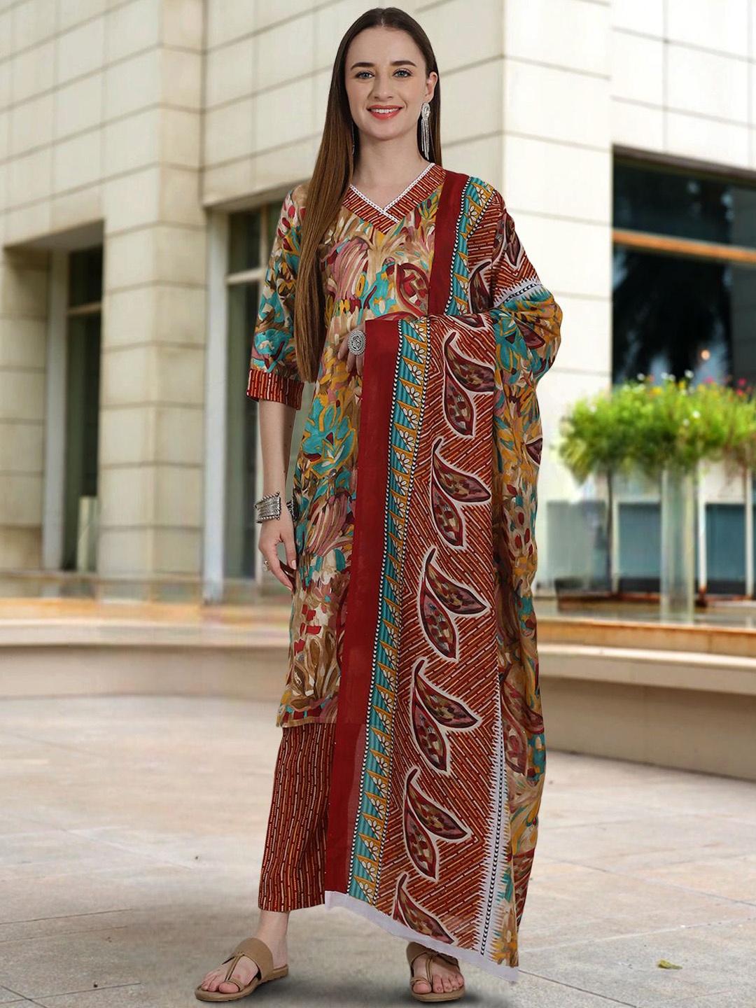 

7Threads Floral Printed Pure Cotton Kurta with Trousers & Dupatta, Mustard