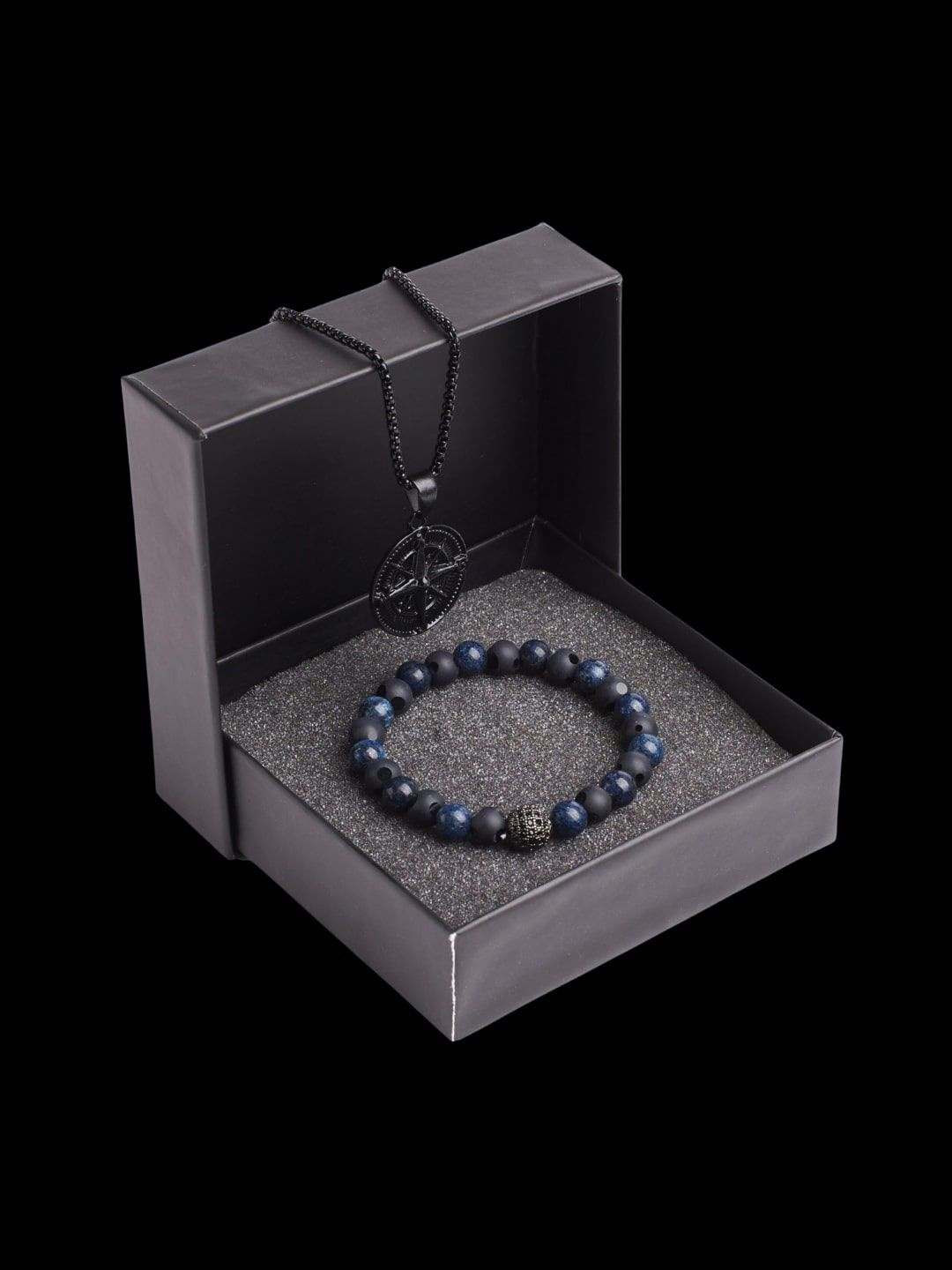 

SALTY Men Stainless Steel Necklace With Pendent & Beaded Bracelet Jewellery Gift Set, Black