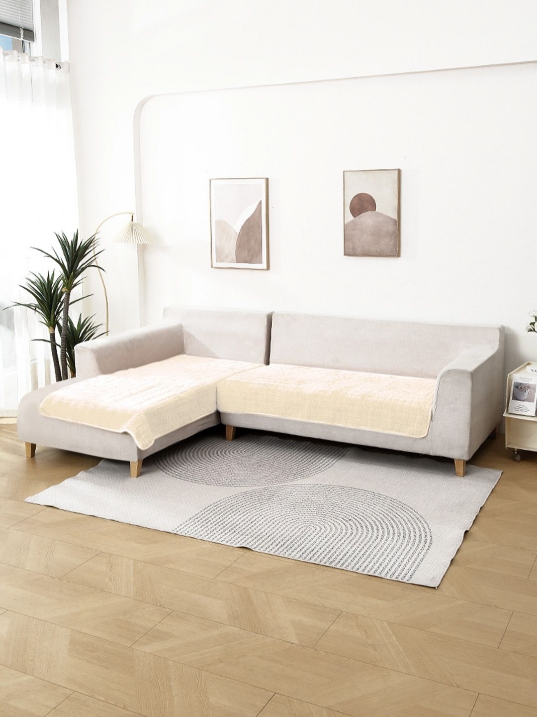 

HOKIPO White 2 Pieces Self Design 5 Seater L Shape Sofa Seat Covers