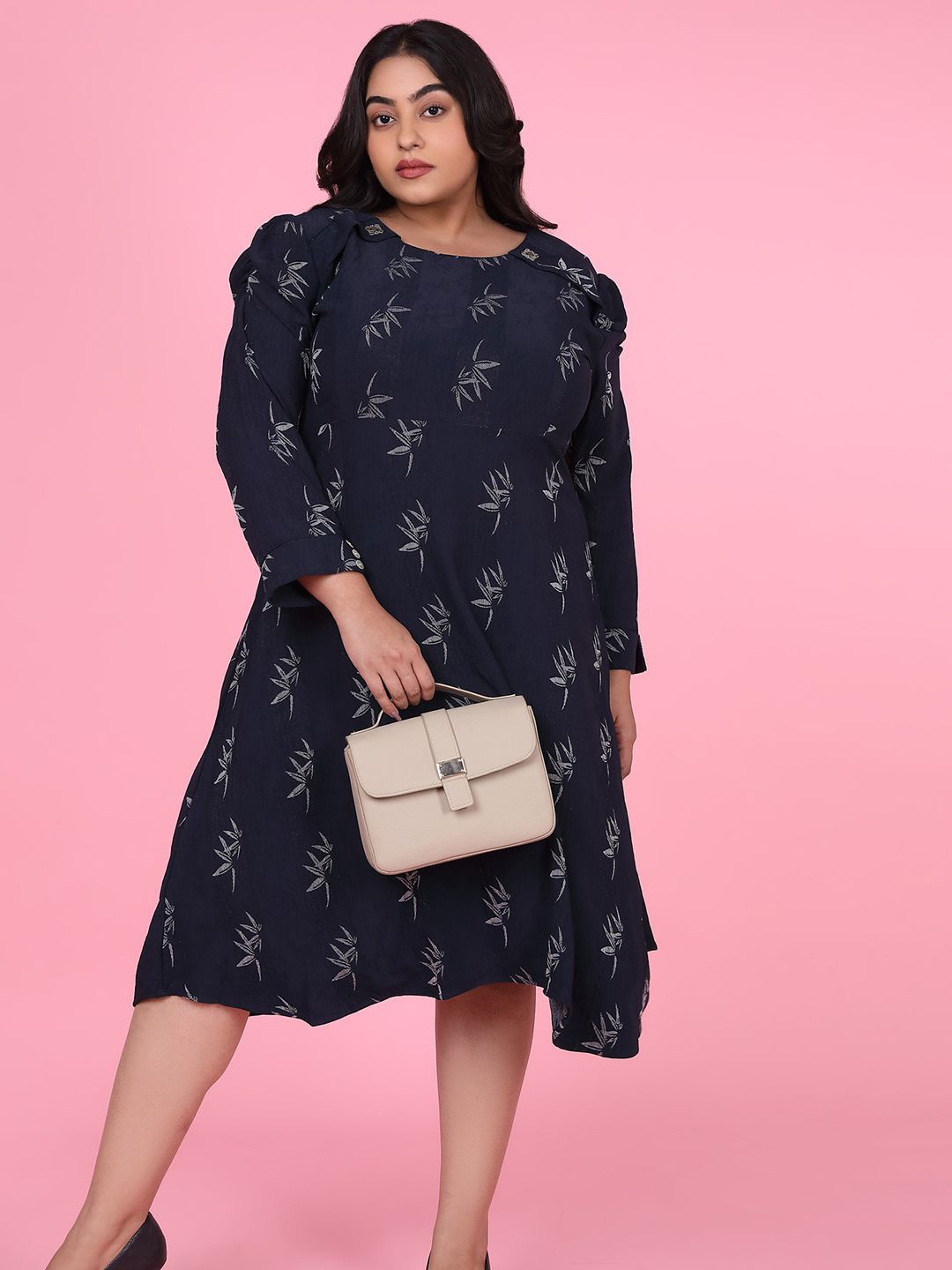 

SHOWOFF Plus Size Floral Printed Cotton A-Line Dress, Navy blue